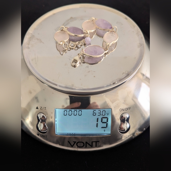 Vintage '90s Amethyst & Rose Quartz Cabochon Linked Sterling Silver Bracelet - Picture 15 of 15